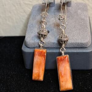 VTG Signed Navajo Juan Willie Sterling Silver Spiny Oyster Dangling Earrings
